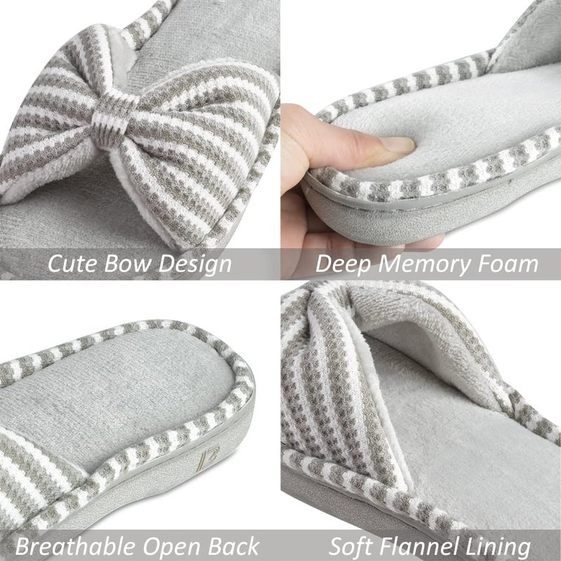 DL Women's Memory Foam Open Toe Slide Slippers with Cute Bow and Cozy Terry Lining, Slip-on House Shoes Spa Mules Sandals with Indoor Outdoor Rubber Sole, Gray, 9-10 - Image 3